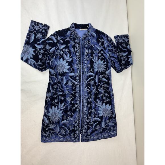 Soft Surroundings Embroidered Mughal Blazer Jacket Blue Velvet Floral Small - Picture 8 of 11